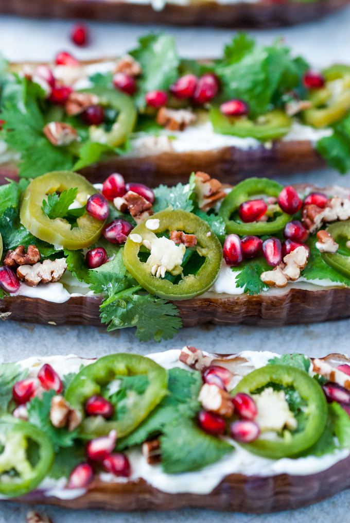 GRILLED EGGPLANT WITH CILANTRO, JALAPENOS AND POMEGRANATE
