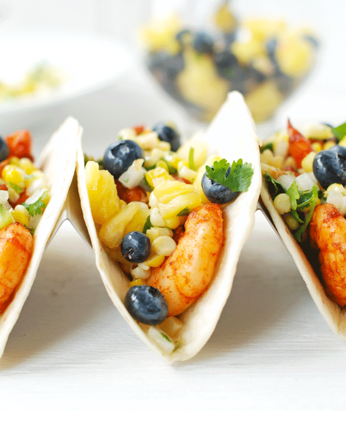 spicy shrimp tacos with blueberry pineapple salsa