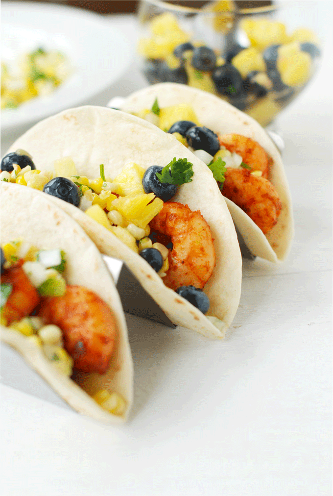 spicy shrimp tacos with blueberry pineapple salsa