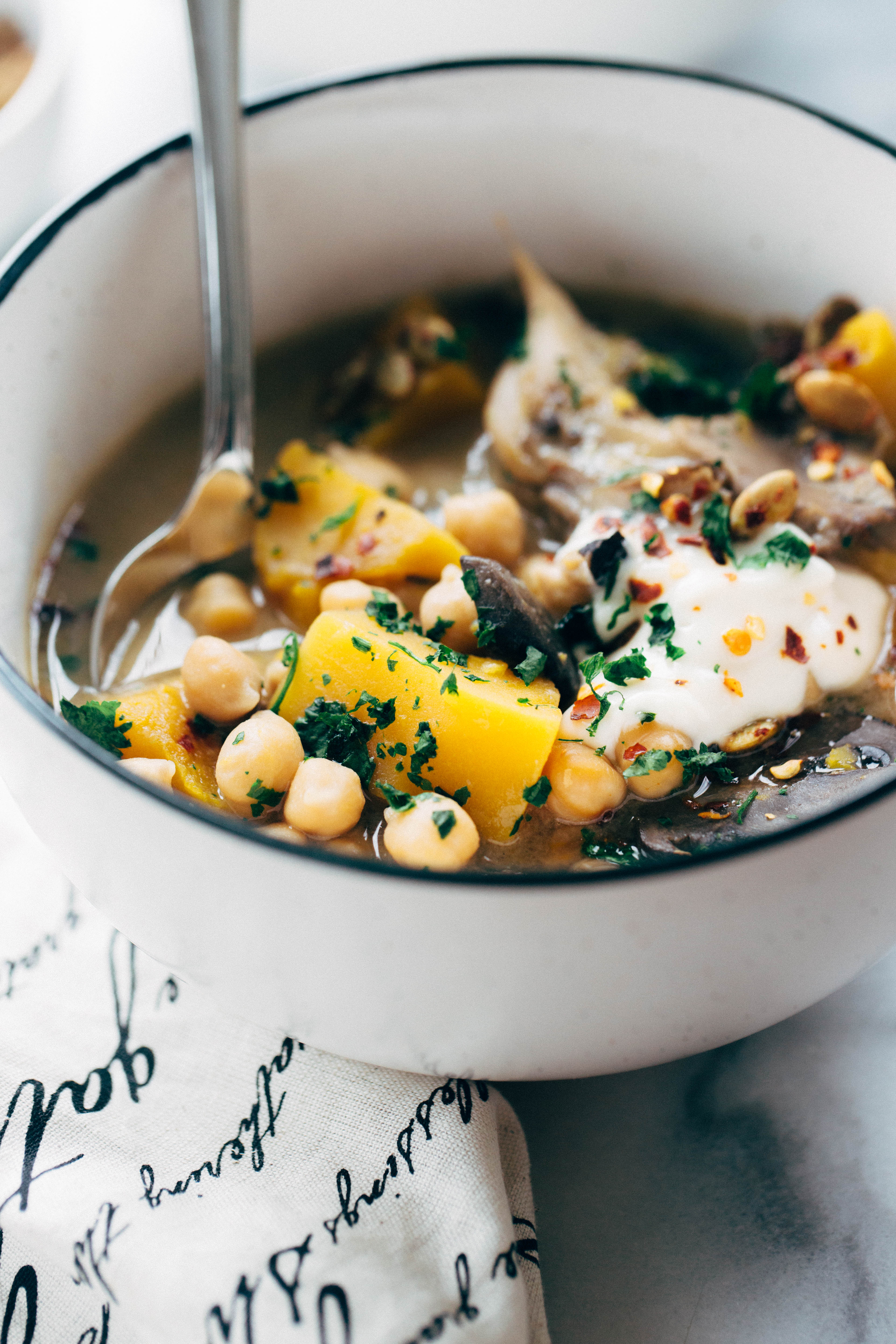 close up of pumpkin stew in bowl 