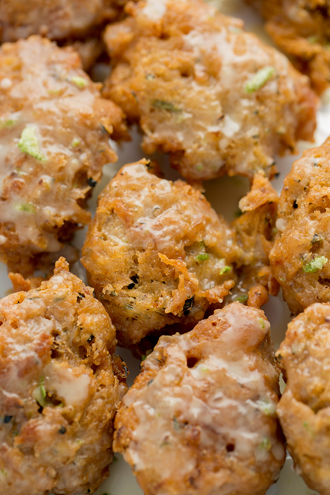 bite size zucchini fritters with lime glaze