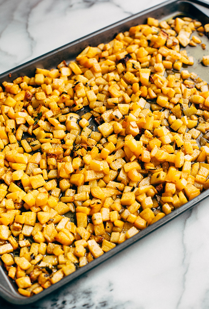 diced rutabaga on a cookie sheet