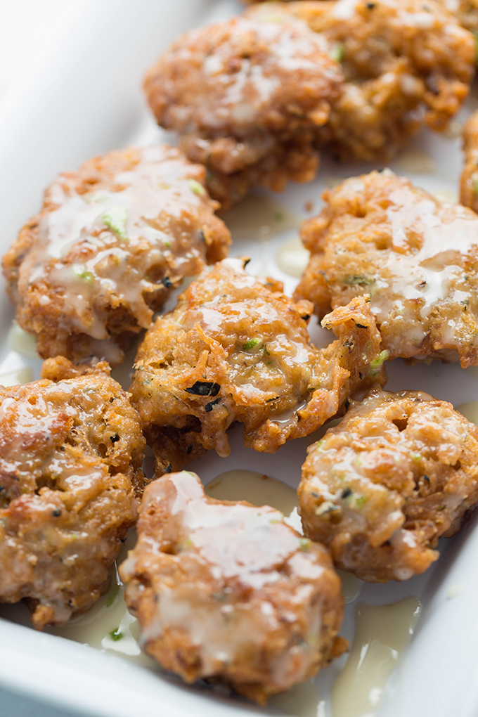 bite size zucchini fritters with lime glaze