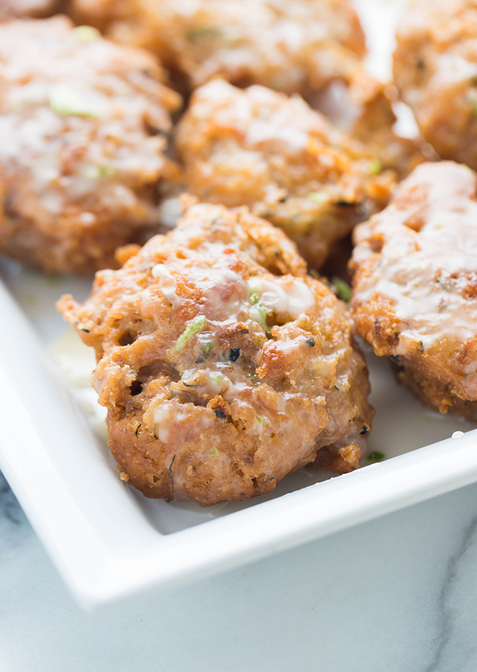 bite size zucchini fritters with lime glaze