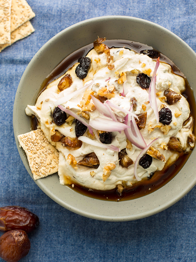cashew cheese with dates, shallots and walnuts