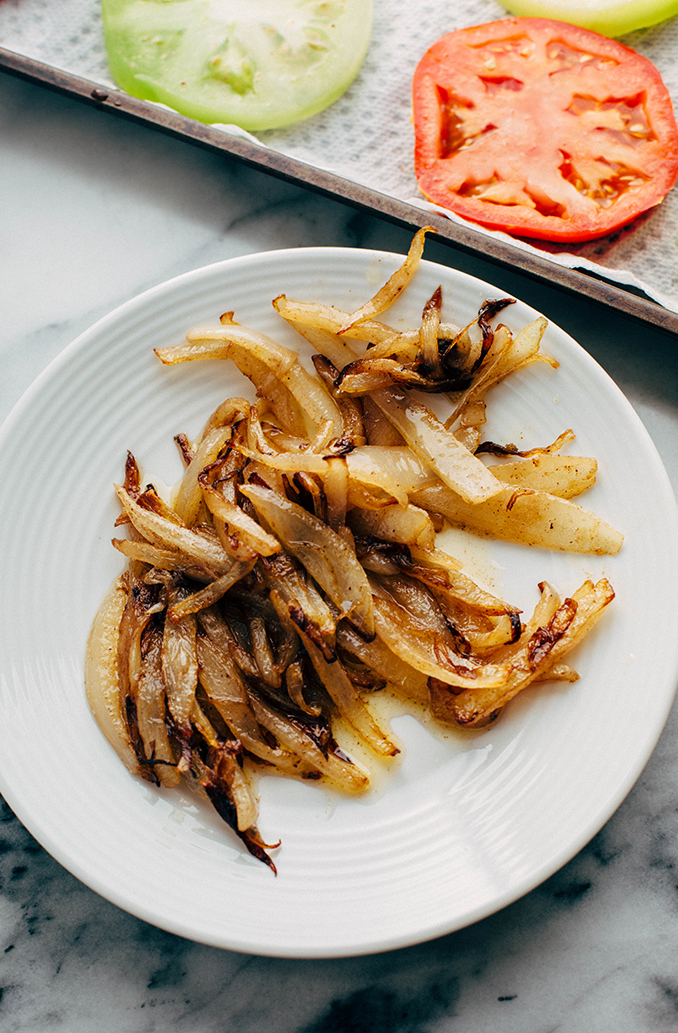 caramelized onions with sliced garden fresh tomatoes
